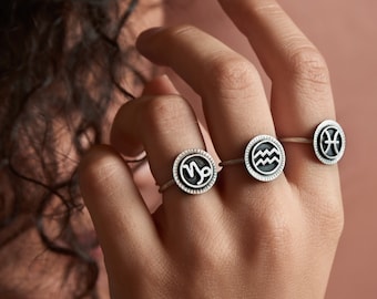 Capricorn ring, zodiac sign rings, dark silver ring, astrology symbol ring, January birthday gifts