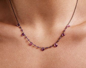 Amethyst charm necklace, dainty necklace, black rhodium on sterling silver base chain necklace, purple stone necklace, bohemian necklace
