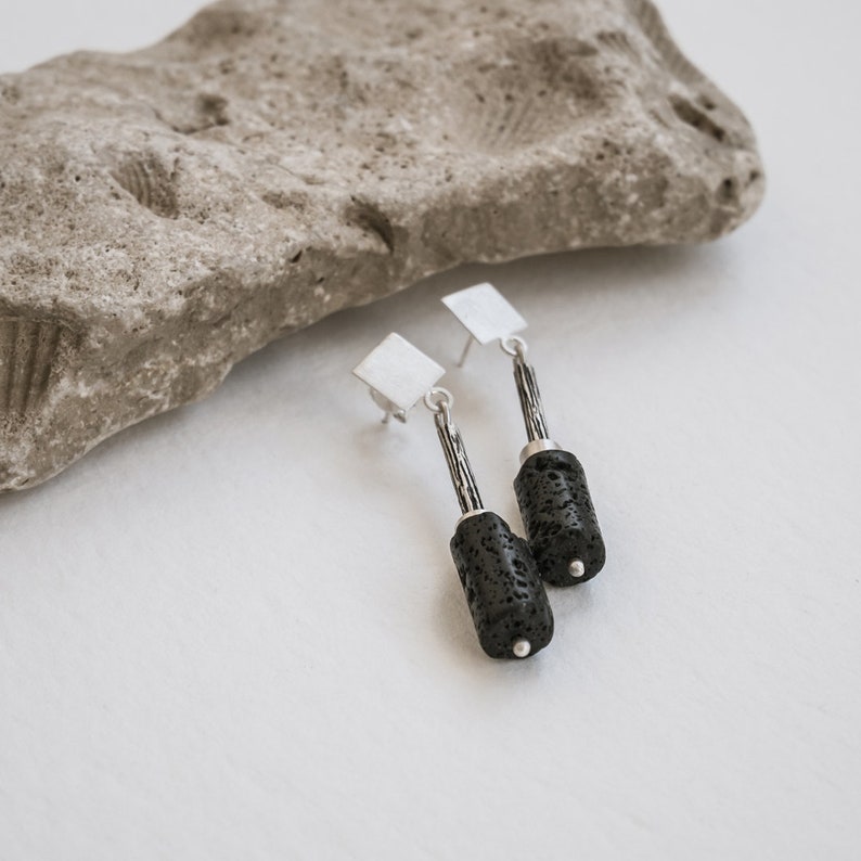 Black lava earrings, Natural jewelry, volcano stone jewelry, Long earrings, stud earrings Sterling Silver 925 image 4