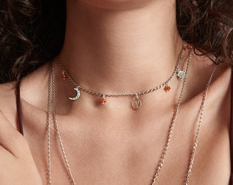 Leo sign necklace, Zodiac necklace, Astrology Necklace, Sterling silver Choker with Carnelian Crystals