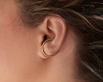 gold illusion earrings, ear climber vermeil gold, moon hoop earrings, ear crawlers, cuff earrings, Lenti jewelry