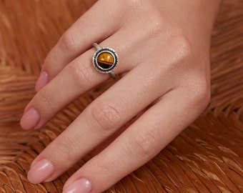 Tiger Eye Ring, Sterling Silver Ring, Good Luck Gemstone Jewelry For Women, cottagecore ring, Solar Plexus Chakra Healing