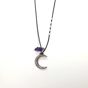 Moon Necklace, Celestial jewelry, Crescent Silver Moon, Dark silver 925, Rough Amethyst Pendant, Witchy necklace, Adjustable size image 6