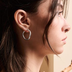 Wave hoop sterling silver earrings, latch back hoops, minimalist everyday jewelry, lightweight earrings