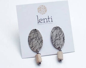 Oval Earrings, Dark Silver Jewelry, Geometric Big Studs, Hammered Silver and Driftwood Earrings