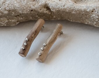 Driftwood Stud Earrings, Wooden bar Earrings with Sterling Silver tiny dots, Eco friendly gift