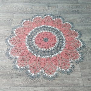 Large crochet doily 24,8 inches—Large doily—Home decor—peach gray crochet tablecloth-salmon doily-Mother&#39;s Day—Handmade tablecloth