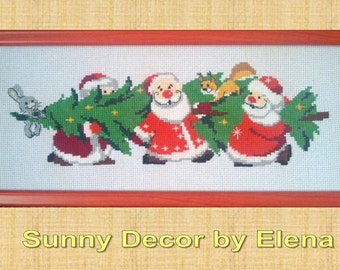 Christmas - Embroidered picture - Santa Clauses Christmas tree  - Home decor - Mini Wall Decor - Handmade cross stitch picture