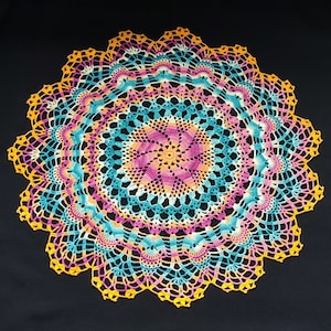 Crochet rainbow doily 24&quot;-Crochet doilies -large doily-Round doily-Home decor-blue yellow pink-Melange doily-Mother&#39;sDay-Handmade tablecloth