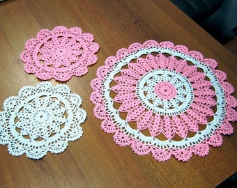 Set of 3 doilies -Crochet doily -  Round doilies - Small doily - Home decor - Pink crochet doilies - Handmade - Handmade tablecloth