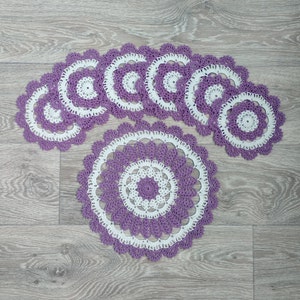 Set of 7 doilies -Crochet doily - purple round doilies - Small doily - Home decor - Pink crochet doilies - Handmade - Handmade tablecloth