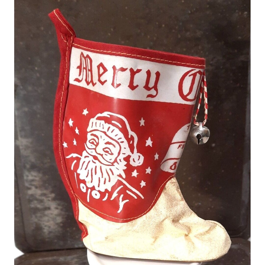 Vintage Christmas Stocking Boot Vinyl & Faux Leather Santa Face Jingle
