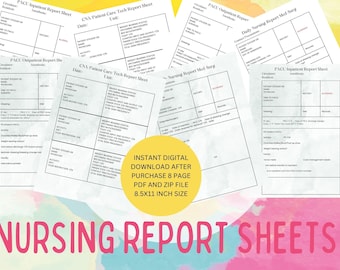 May include: A collection of white paper nursing report sheets featuring black printed text and grids for patient data, including PACU inpatient and outpatient forms, with a yellow circular overlay stating 8.5x11 inch size.