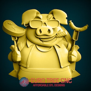 Happy pig bbq grill master 3D STL Model, CNC Router Engraver, Artcam, Aspire, archivos CNC, madera, arte, decoración de pared, Cnc, Cutt3d