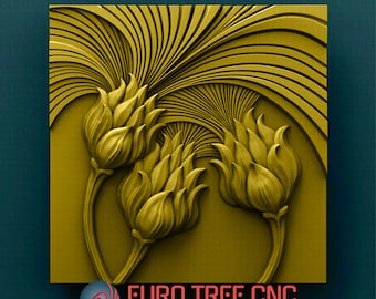 May include: A 3D model of a decorative wall panel featuring three stylised flowers with a textured, geometric background. The panel is rendered in a gold colour.