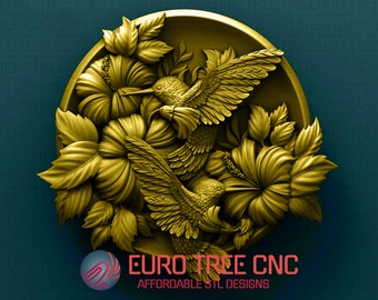 Hummingbird with Hibiscus Flower 3D STL Model for CNC Router (Digital File)