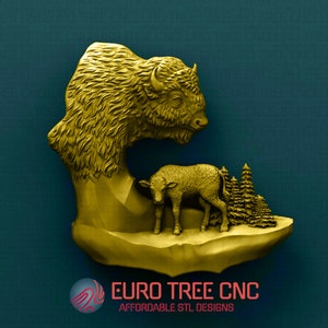 Mother and baby bison  3D STL Model, CNC Router Engraver, Artcam, Aspire, CNC files, Wood, Art, Wall Decor, Cnc, Cutt3d