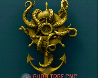 Octopus tentacles with a ship helm, nautical  3D STL Model, CNC Router Engraver, Artcam, Aspire, CNC files, Wood, Art, Wall Decor Cnc Cutt3d
