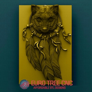 Modelo 3D STL indiano Fox Dream Catcher, gravador de roteador CNC, Artcam, Aspire, arquivos CNC, madeira, arte, decoração de parede, Cnc, Cutt3d