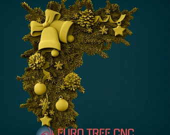 May include: A 3D model of a Christmas tree corner design with ornaments, pine cones, bells, and a star. The design is in a gold color and is perfect for CNC cutting.