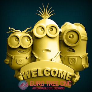 Minions Welcome, 3D Stl, para CNC Router Engraver, Carving Machine, Relief, Artcam, Aspire, VCarve, Cutt3D