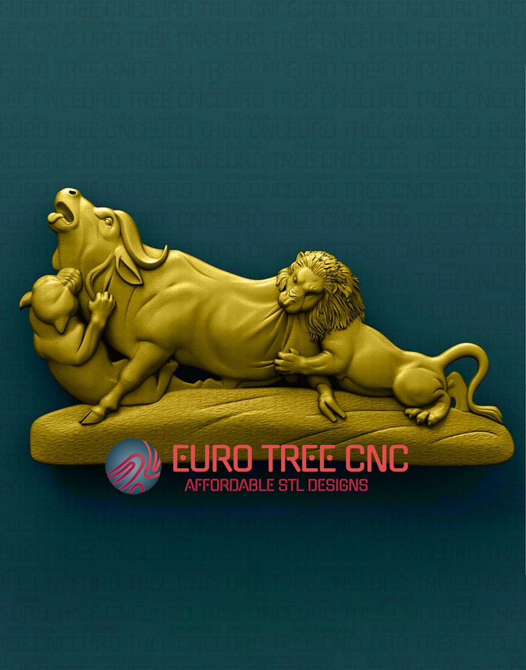 Lions Hunting a Bison 3D STL Model, CNC Router Engraver, Artcam, Aspire