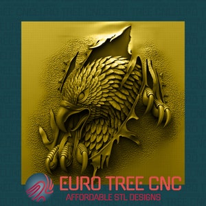 Op de afbeelding: Een 3D-geprint adelaarsbeeld met gedetailleerde veren en klauwen, die door een gouden oppervlak breekt. Het beeld is een digitale download van Euro Tree CNC, een bedrijf dat betaalbare STL-ontwerpen aanbiedt.