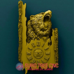 May include: A 3D-printed wooden clock featuring a roaring bear head with a clock face in the background. The clock face has Roman numerals and a detailed design. The text "EURO TREE CNC AFFORDABLE STL DESIGNS" is visible at the bottom of the image.