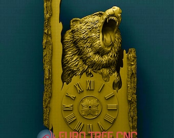 May include: A 3D-printed wooden clock featuring a roaring bear head with a clock face in the background. The clock face has Roman numerals and a detailed design. The text "EURO TREE CNC AFFORDABLE STL DESIGNS" is visible at the bottom of the image.