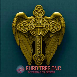 May include: A gold-colored, three-dimensional, Celtic cross with wings. The cross is intricately designed with knots and a sword in the center. The wings are detailed with feathers. The image includes the text "EURO TREE CNC AFFORDABLE STL DESIGNS".