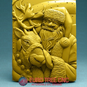 Santa Claus and Rudolph reindeer Christmas 3D STL Model, CNC Router Engraver, Artcam, Aspire, CNC files, Wood, Art, Wall Decor, Cnc, Cutt3d
