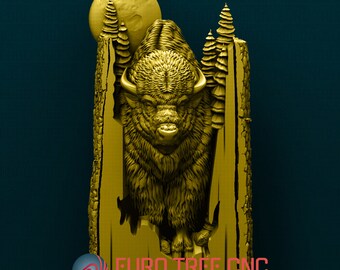 May include: A 3D-printed wood carving of a bison standing in a forest with a full moon in the background. The carving is made of light brown wood and has a detailed texture. The bison is facing forward with its head lowered. The forest is made up of tall trees with branches reaching up to the sky. The moon is a bright white circle with a dark centre. The carving is signed "EURO TREE CNC AFFORDABLE STL DESIGNS".