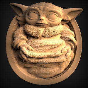 Baby Yoda Star Wars 3D STL-model, CNC-router graveur, Artcam, Aspire, CNC-bestanden, hout, kunst, wand decor, CNC, Cutt3d