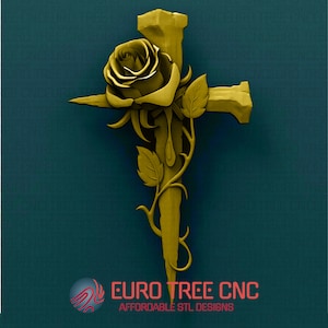 Cruz con una rosa espinas 3D STL Modelo, CNC Router Grabador, Artcam, Aspire, Archivos CNC, Madera, Arte, Decoración de pared, Cnc, Cutt3d