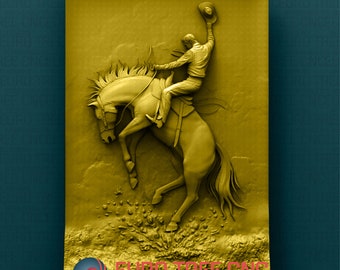 May include: A 3D printed model of a cowboy riding a bucking horse. The model is in a yellow color and is a detailed representation of a cowboy and horse.