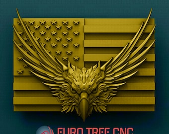 Pode incluir: Um modelo impresso em 3D de uma águia com as asas abertas, sobreposto a uma bandeira americana dourada. A cabeça da águia está voltada para a frente com o bico aberto. O texto "EURO TREE CNC AFFORDABLE STL DESIGNS" está abaixo da imagem.