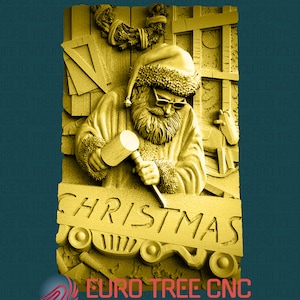 May include: A 3D model of Santa Claus carving a wooden sign that says "CHRISTMAS". The model is in a gold colour and is designed for CNC woodworking.