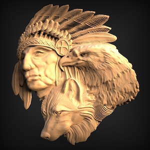 May include: A detailed wooden carving of a Native American man wearing a headdress, with an eagle and a wolf on either side of his face.