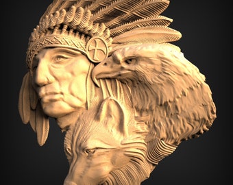 Native American Eagle Wolf 3D STL Model: CNC Router File