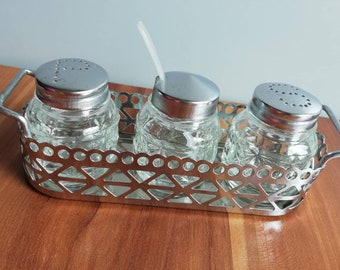 Salt And Pepper Shakers 3 PCS Set Glass And Metal Vintage Kitchen Decor Antique Set With Original Holder, Kitchen Shabby Decor Gift