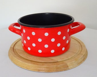 Vintage red enamel pot / red pot with dots / kitchenware