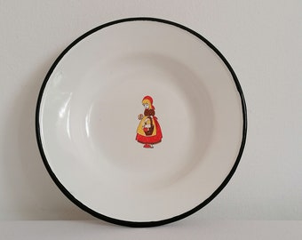 Vintage plate enamel red riding hood, Decor Enamelware