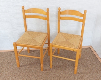 Vintage set of 2 wood and rope dining chairs / Vico Magistretti style / mid-century furniture 80s /