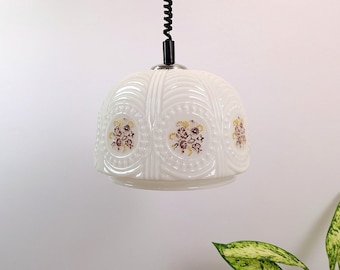 Vintage Pendant Ceiling Light, Vintage Embossed Glass Light, Milk Glass Light, White Opaline Glass, Hanging Lamp With Floral Print, 1970s