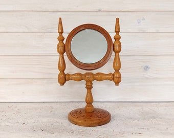 Table Wooden Mirror / Round Wood Mirror / Desktop Mirror /