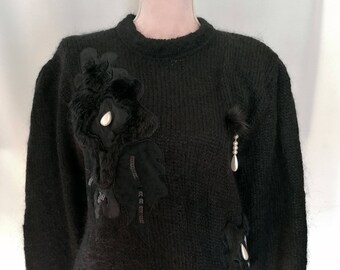 black vintage women pullover made france / vintage black sweaters wool pullover