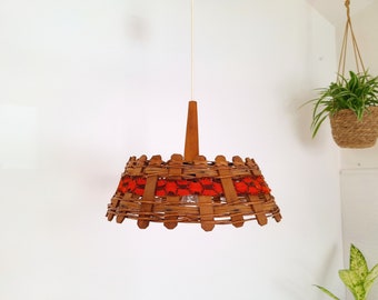 Vintage Wooden Pendant light / 80s / Farmhouse / Mid Century Rustic Chandelier / Ceiling Light / Hanging Lamp