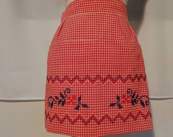 vintage kitchen red apron handmade, retro apron, hand ambroide red