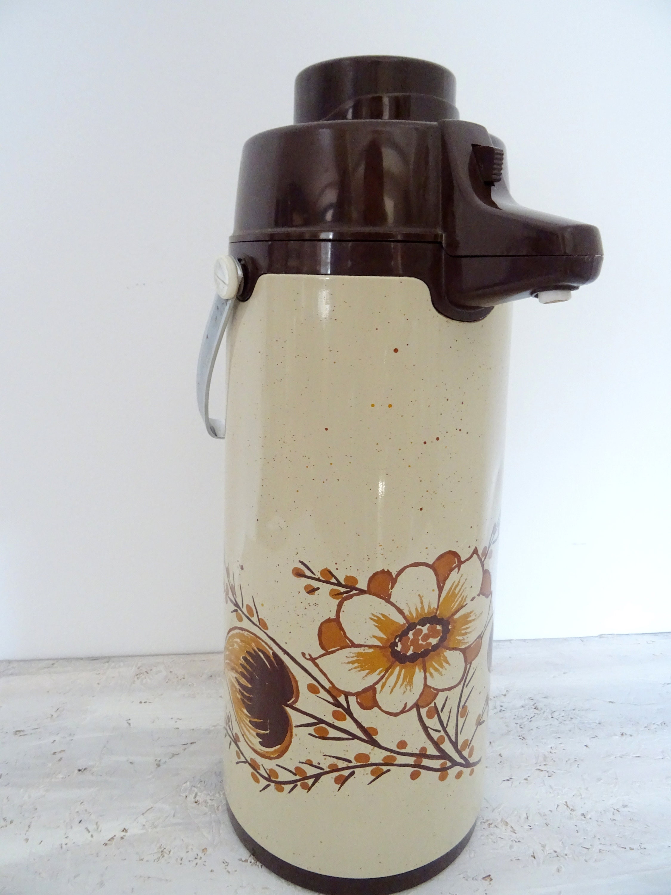 Vintage 1970s Retro Floral Patterned Pump Thermos by Everest