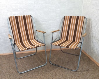 Set van 2 vintage campingstoelen, opvouwbare strandstoelen, klapstoelen, antieke bloemenstrandstoelen